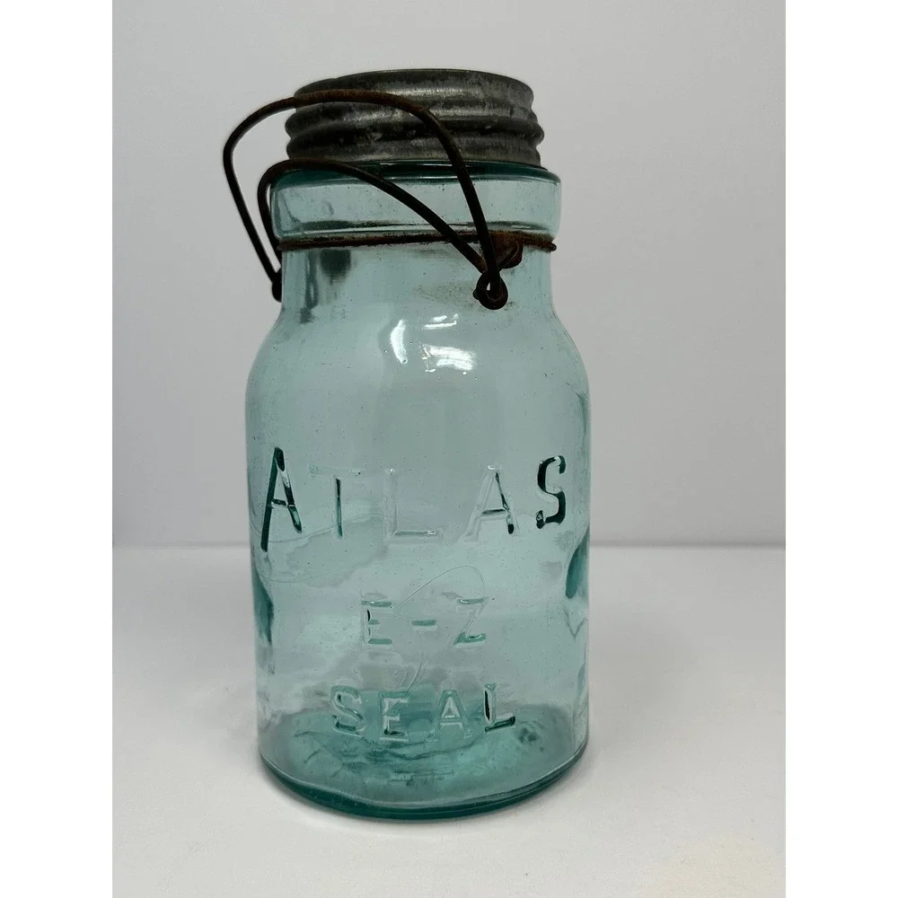 Vintage Atlas EZ Seal Aqua Blue Glass Mason Jar with Zinc Lid and Wire Bail A2